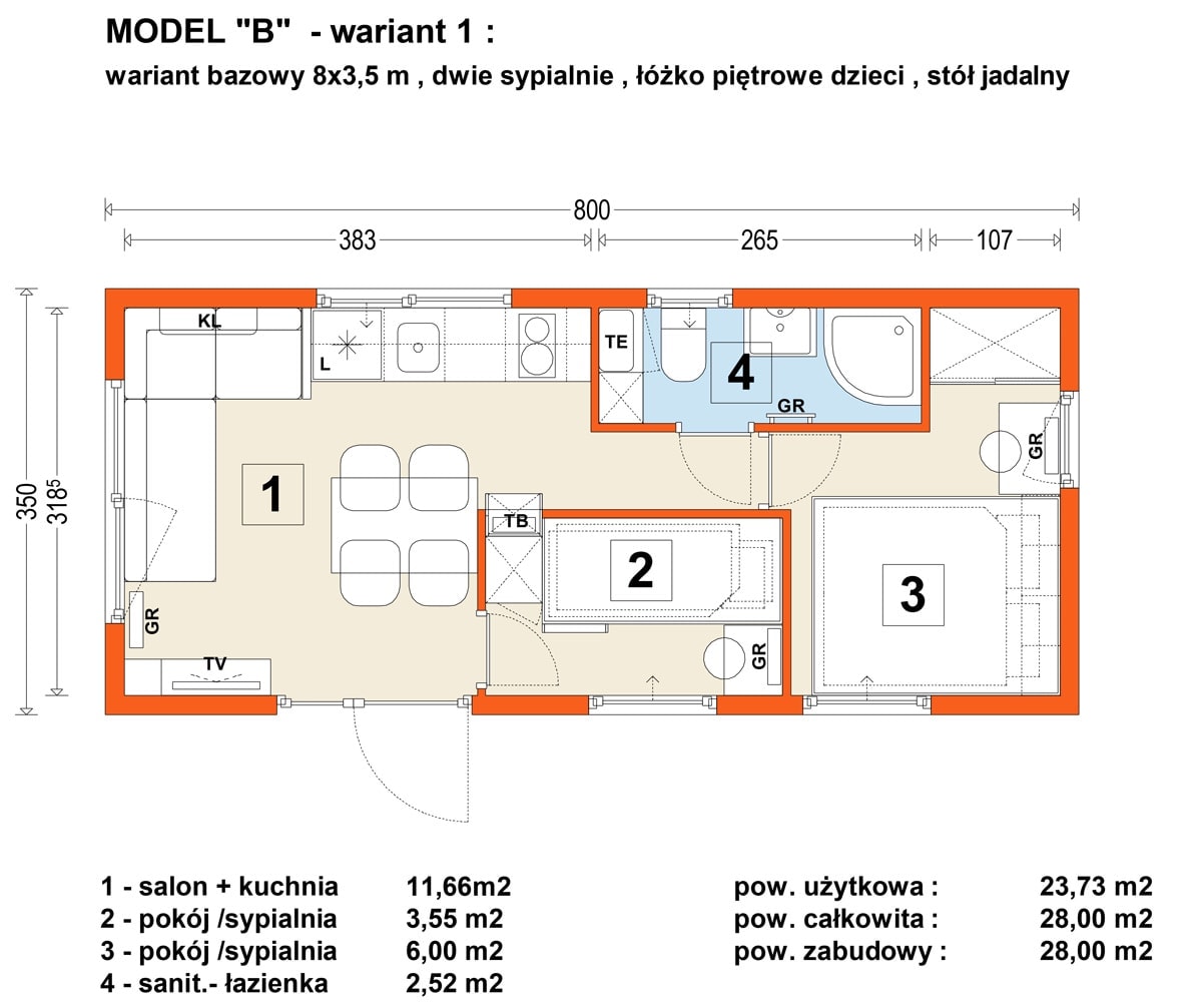 Rzut domku mobilnego model B